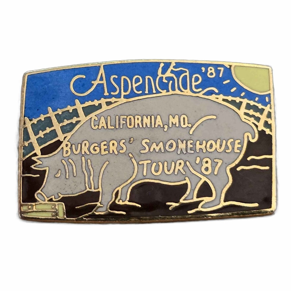 Vintage 1987 Aspencade Burgers Smokehouse Tour Lapel Vest Hat Pin J6